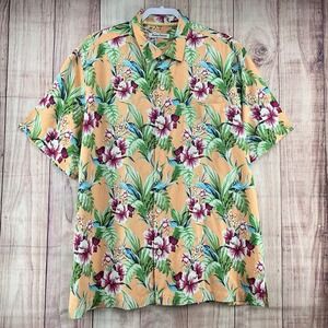 Tommy Bahama Hawaiian Silk Camp Shirt Mens Sz XL Peach Tropical Flower Button Up